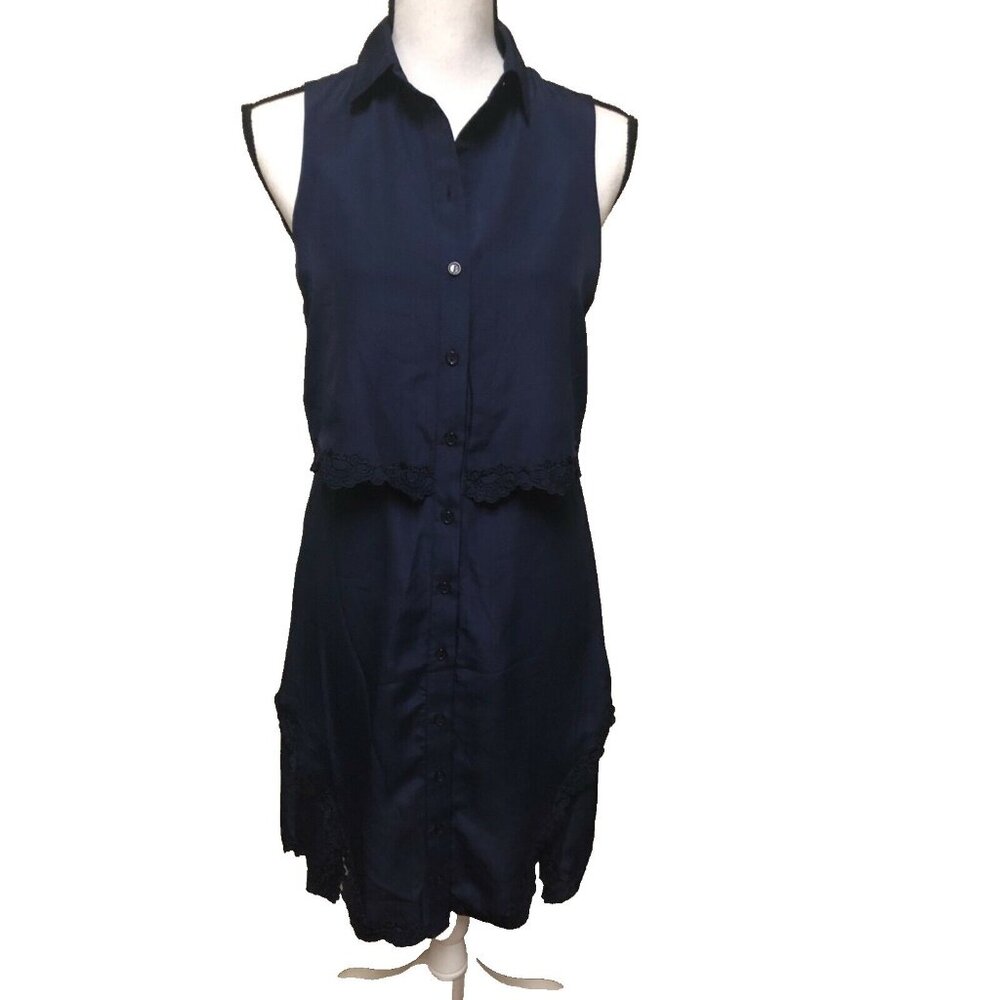 Parker Womens Dress Blue Sheath Double front slits embroidered $398 S New- 01